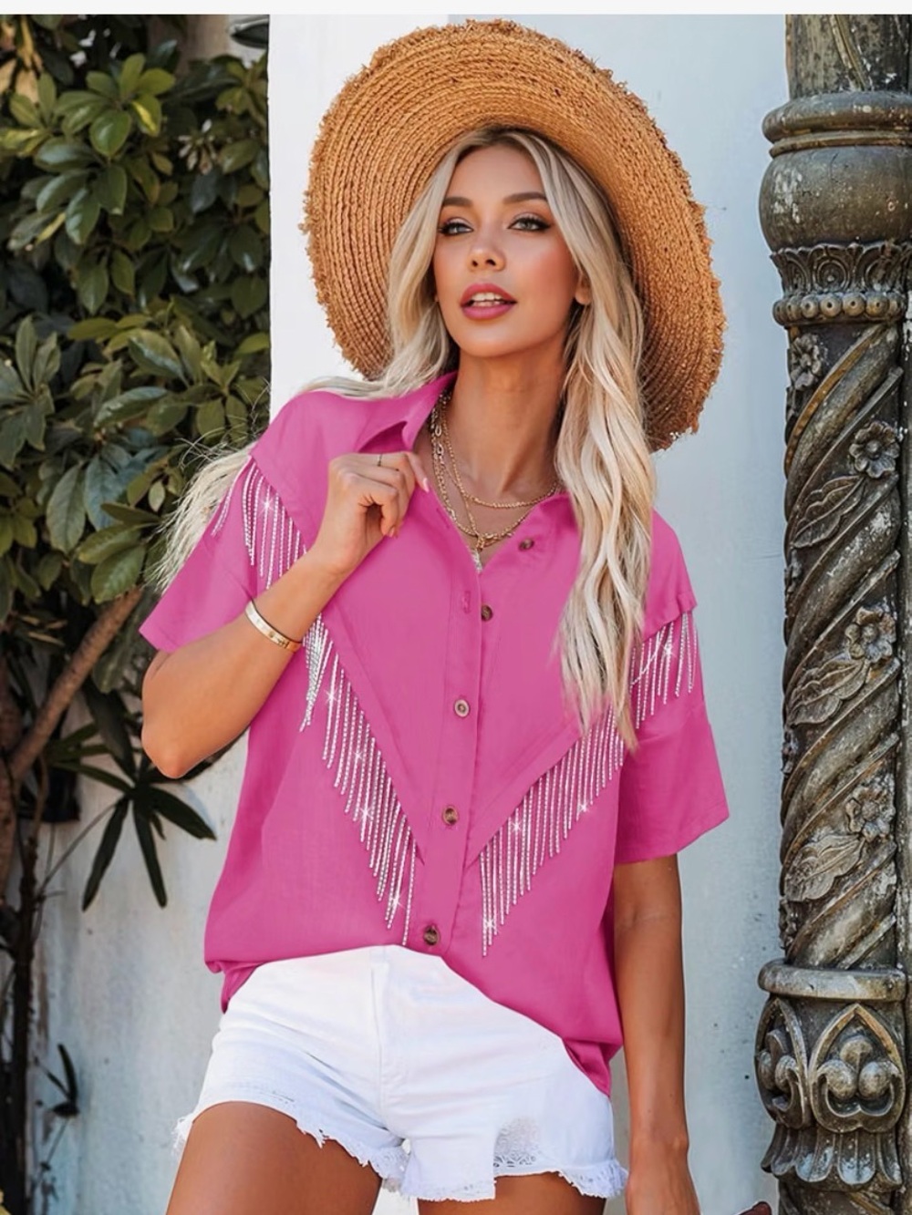 Fuchsia Short-Sleeve Button-Down Shirt with Fringe Trim